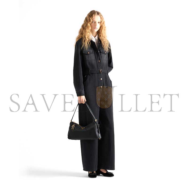 PRADA AIMÉE LARGE RE-NYLON AND LEATHER SHOULDER BAG WITH PADLOCK 1BC232 (34*19.5*10cm)